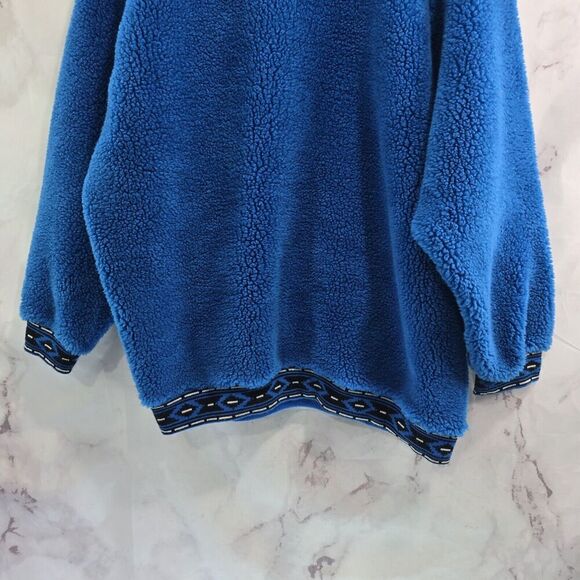 Vintage Sweater Mens Large Blue Black Crew 90s 80s Teddy Sherpa Fuzzy Faux - Picture 7 of 12